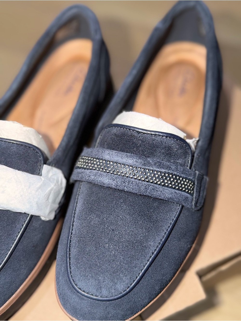 Women Clarks Collection Navy Suede Loafers with Crystal Accent - Size 9Wide